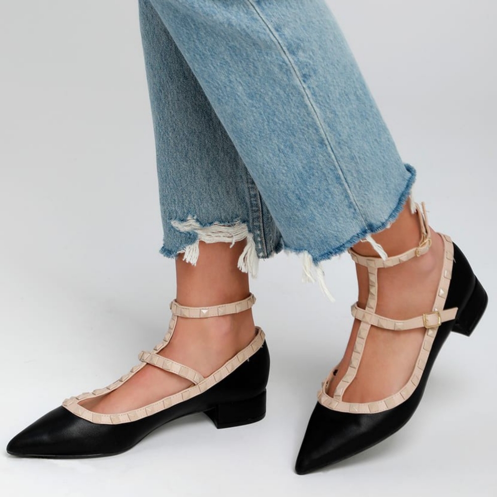 Lulus Audra Black Strappy Studded Low Pointed Toe Heels